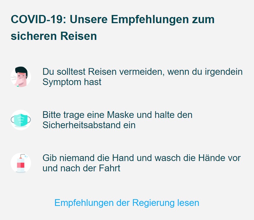 Diese Hygieneempfehlungen blendet BlaBlaBus aktuell in der App ein. Credit: Screenshot/BlaBlaBus