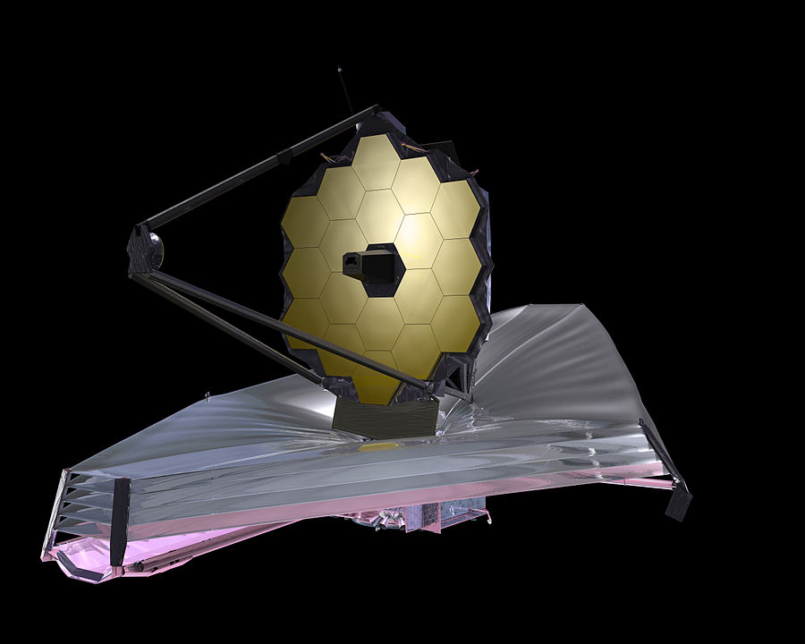 Diese Illustration zeigt das ausgepackte James Webb Space Telescope im All mit seinem Spiegel, Solarzellen und Hitzeschild.